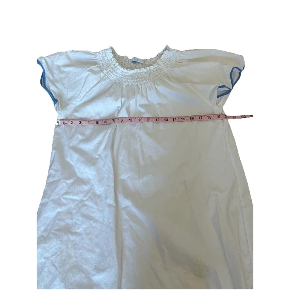 LAKE Pajamas Patio Dress Small White Royal Blue Scalloped Trim 100% Cotton Lined - Picture 7 of 8